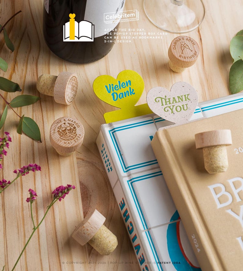 May include: Wooden wine bottle stoppers with custom engravings and corks, alongside a book and decorative heart-shaped bookmarks. The image includes text that reads "Vielen Dank" and "Thank You". The product is a 2-in-1 design that can be used as bookmarks.