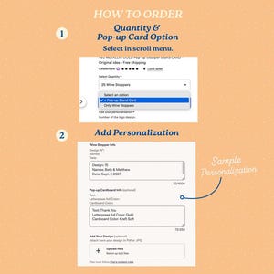 May include: Screenshot of an Etsy listing with instructions on how to order wine stoppers and pop-up cards. The image shows options for quantity, personalization, and uploading designs. Text includes "Quantity & Pop-up Card Option" and "Add Personalization."