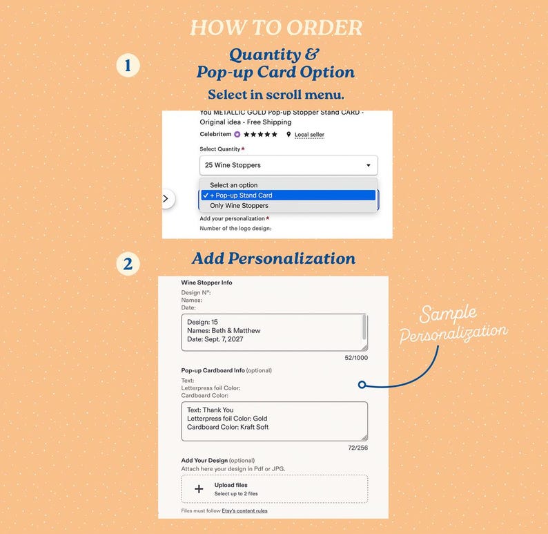 May include: Screenshot of an Etsy listing with instructions on how to order wine stoppers and pop-up cards. The image shows options for quantity, personalization, and uploading designs. Text includes "Quantity & Pop-up Card Option" and "Add Personalization."