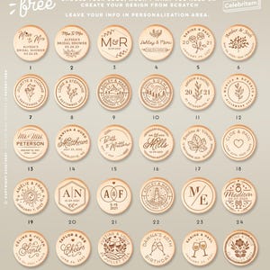 May include: Wooden round bottle stoppers with engraved designs for weddings and events. The stoppers feature names, dates, and graphics. The text "free" is at the top. The stoppers are made of light-colored wood.