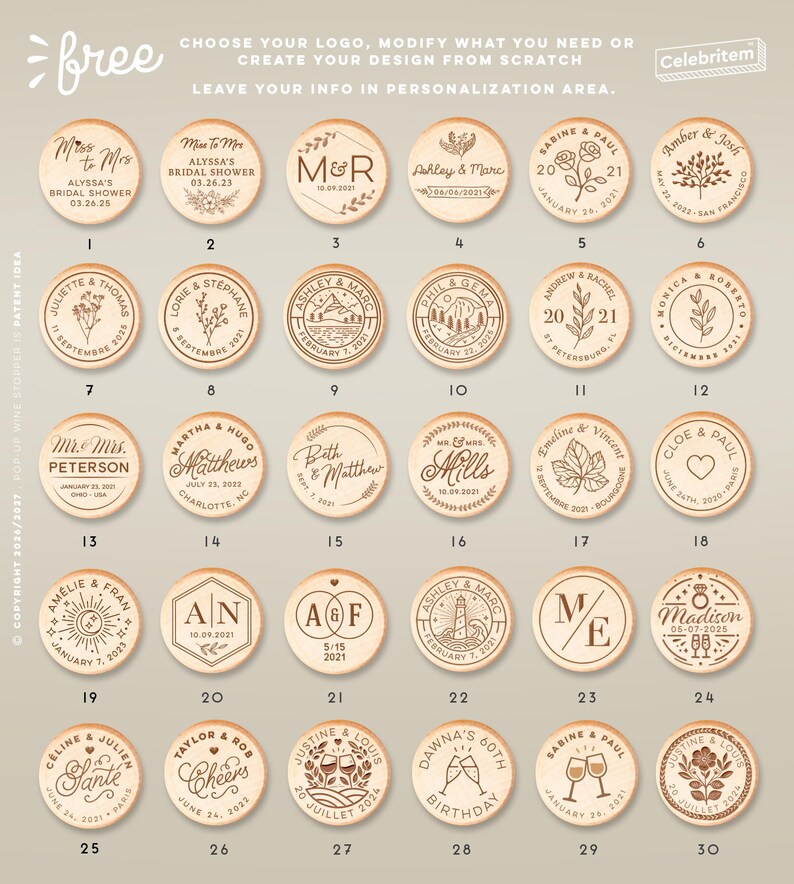 May include: Wooden round bottle stoppers with engraved designs for weddings and events. The stoppers feature names, dates, and graphics. The text "free" is at the top. The stoppers are made of light-colored wood.