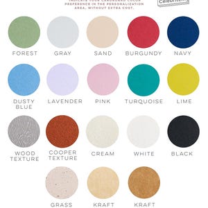May include: A color chart with 18 circular color swatches, including forest green, gray, sand, burgundy, navy, dusty blue, lavender, pink, turquoise, lime, wood texture, copper texture, cream, white, black, grass, kraft soft, and kraft rustic. Text at the top reads "CARDBOARD COLOR".
