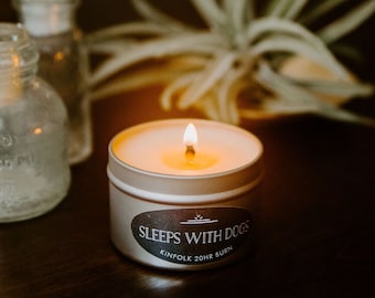 Sleeps with Dogs Soy Wax Candle | Dog Lovers | White Elephant Gift under 15 | Scented Candle | Vegan | Kinfolk of Mine | Gift Box Option