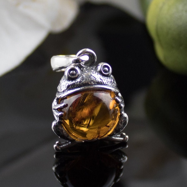 Fat Frog Amber Pendant | Cognac Baltic Amber Sterling Silver Frog Pendant | Frog Pendant | Frog Jewelry Necklace | Frog Charms | Frog Gifts