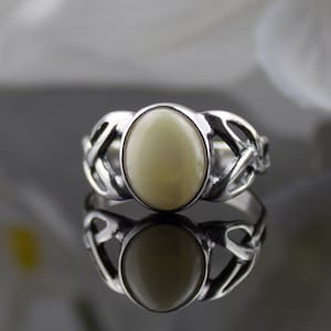 Large Celtic Sterling Silver White Baltic Amber Ring | Chunky Stone Ring for Women | Trinity Knot Gemstone Crystal Ring | Irish Jewelry Gift