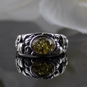 Stunning Green Baltic Amber Sterling Silver Ring | Large Green Amber Ring for Women | Small Green Stone Silver Crystal Gemstone Rings Womens