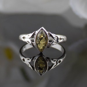 Celtic Dainty Green Baltic Amber Gemstone Sterling Silver Ring for Women | Crystal Small Silver Ring | Minimalist Green Amber Stack Rings
