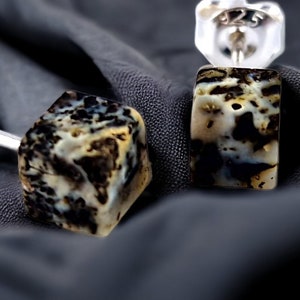 May include: A pair of silver stud earrings with square-shaped, black and white agate stones.