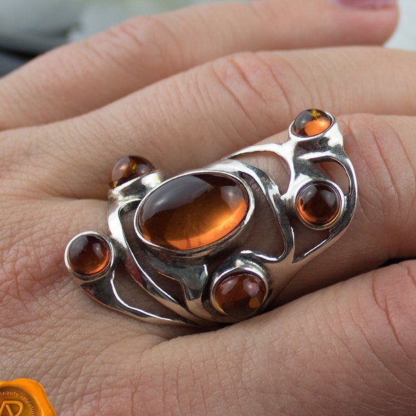 Chunky Baltic Amber Sterling Silver Ring | Large 925 Silver Ring with Stone for Women | Gemstone Crystal Ring | Large Silver Ring UK