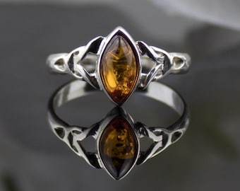 Celtic Minimalist Small Dainty Amber Ring Sterling Silver For Women | Cognac Baltic Amber Stone Crystal Ring | Stack Gemstone Silver Rings
