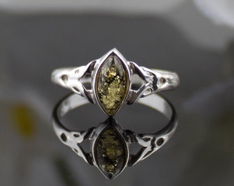 Celtic Dainty Green Baltic Amber Gemstone Sterling Silver Ring for Women | Crystal Small Silver Ring | Minimalist Green Amber Stack Rings