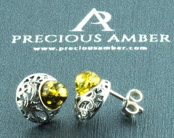 Rare Green Amber Silver Stud Earrings | Green Baltic Amber Gemstone Beads Small Studs Earrings for Women | Large Subtle Earrings for Women