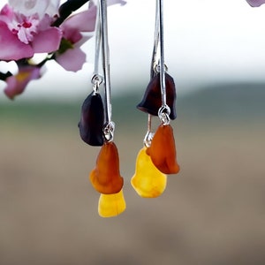 Tulip Gemstone Baltic Amber Teardrop Earrings | Flower Drop Amber Earrings | Teardrop Sterling Silver Jewellery Amber Flower Gift Earrings