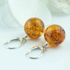 Quality Amber Silver Earrings | Cognac Baltic Amber Silver Drop Dangle Earrings Women | Short Round Lever Back Earrings | Gemstone Earrings
