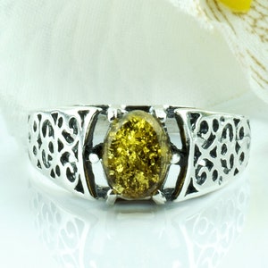 Green Baltic Amber Silver Ring | Large Silver Ring for Men Women |  Unisex Green Gemstone Chunky 925 Sterling Silver Ring With Stone Crystal