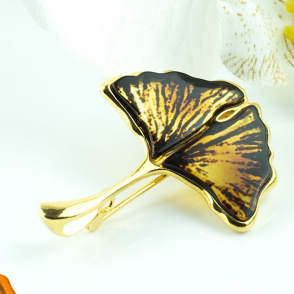 PENDANT BROOCH Baltic Amber Ginkgo Leaf Gold Pendant Gift Silver Gemstone Amber Leaf Teardrop Necklace Charm Brooch Large Ginkgo Jewelry