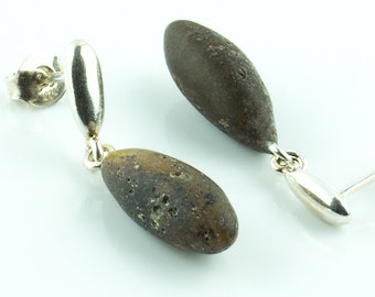Natural Black Amber Raw Earthy Long Teardrop Drop Stud Earrings Women, Small Black Baltic Amber Gemstone Crystal Studs Drop Earrings