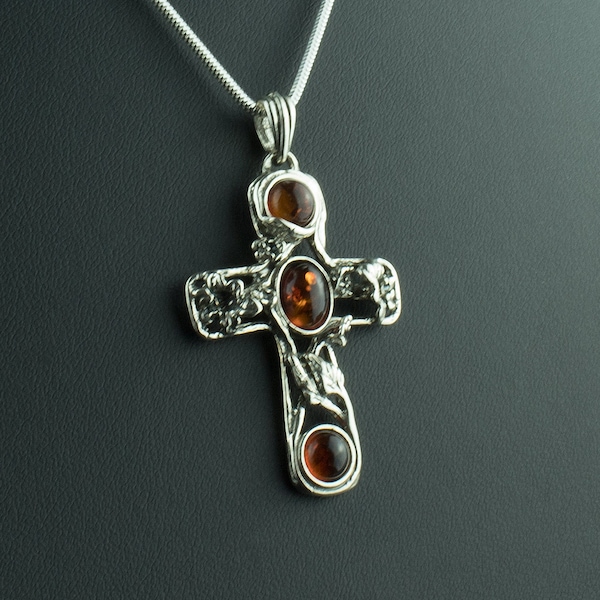 Subtle Amber Silver Cross Pendant Necklace | Large Amber Silver Crucifix Jewellery | Small Gemstone Crystal Cross Christian Gifts Art