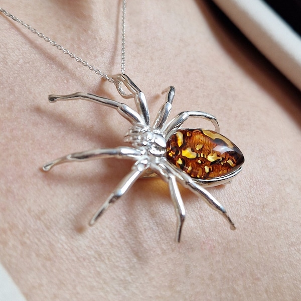 Gothic PENDANT or BROOCH Large Silver Spider Baltic Amber Teardrop Gemstone Pendant Spider Gifts Silver Amber Brooch Large Spider Necklace