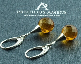 Teardrop Baltic Amber Long Teardrop Silver Earrings Drop | Faceted Gemstone Lever Back Earrings Gift Women | Small Drop Large Round Gemstone