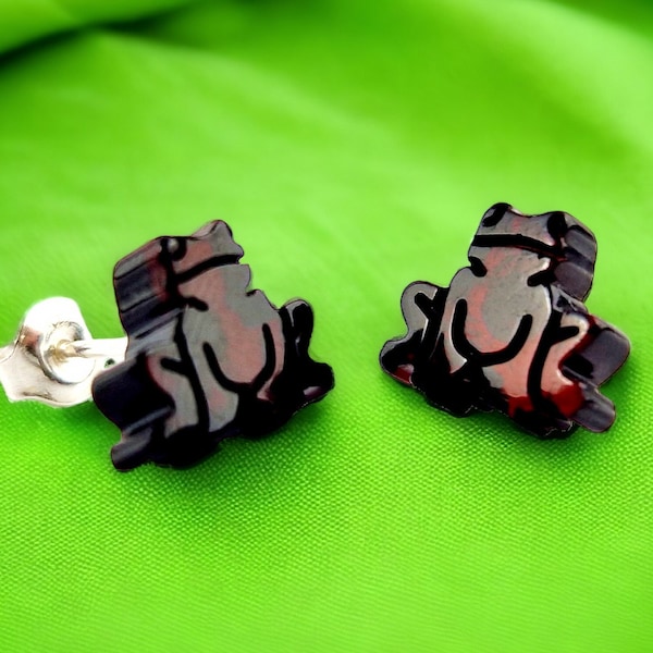 Cute Frog Gemstone Baltic Amber Frog Stud Earrings Black Cherry Amber Silver Frog Art Earrings Jewelry Studs Frog Charms Frog Lover Gifts