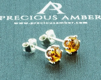 FREE GIFT BOX Gemstone Baltic Amber Circle Dainty Stud Earrings Women, Honey Cognac Crystal Small Gem Round Studs Earrings Sterling Silver