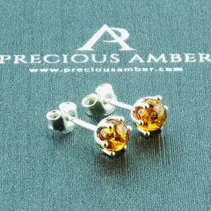 FREE GIFT BOX Gemstone Baltic Amber Circle Dainty Stud Earrings Women, Honey Cognac Crystal Small Gem Round Studs Earrings Sterling Silver
