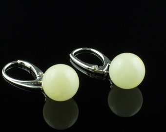 Teardrop Small Dainty White Amber Silver Earrings | Round Baltic Amber Drop Dangle Earrings Women | Teardrop White Gemstone Sphere Earrings