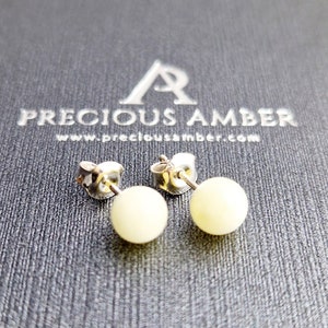 White Gemstone Natural Baltic Amber Circle Dainty Stud Earrings Gift Women, White Small Stone Gem Round Tiny Studs 925 Sterling Silver
