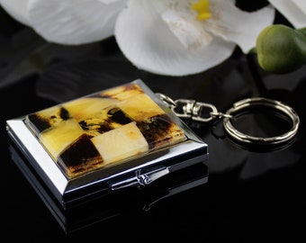 Gemstone Amber Keychain Gifts with Mirror and Picture, Mosaic Baltic Amber Hand Pocket Mirror Keyring Souvenir, Gift Women