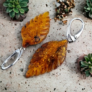 Leaf Gemstone Baltic Amber Teardrop Autumn Earrings Drop Amber Earrings | Teardrop Sterling Silver Jewelry Amber Leaf Art Gift Gem Earrings