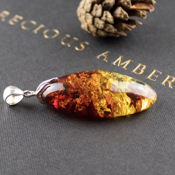 Luxury Large Baltic Amber Pendant Sterling Silver Teardrop Gift, Chunky Gemstone Long Amber Pendant Necklace Women Tear Drop Jewelry