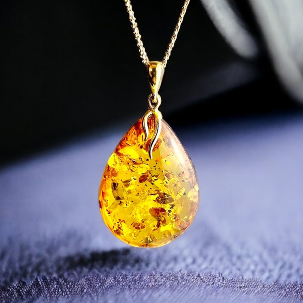 QUALITY Natural Baltic Amber Teardrop Pendant Gold Necklace Gift Women, Large Honey Amber Gemstone Gold Jewelry, Chunky Drop Charm Pendants