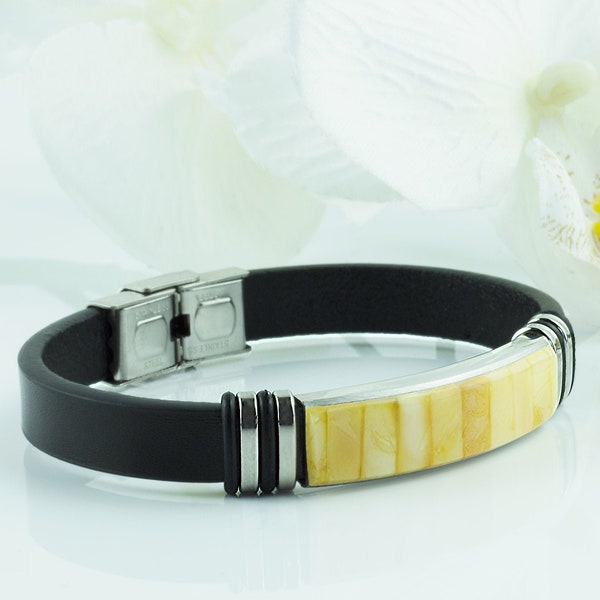 White Butterscotch Baltische Bernstein Perlen Lederarmband | Unisex Gelb Bernstein Manschette Armbänder | Verstellbares Edelstein-Lederarmband