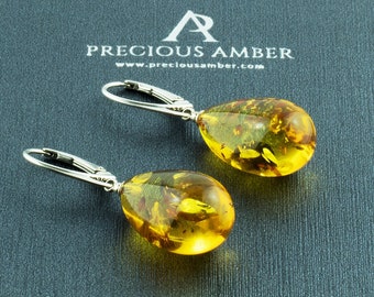 Large Cognac Baltic Amber Teardrop Silver Earrings | Lever Back Gemstone Teardrop Earrings for Women | Amber Stone Drop Ladies Earrings
