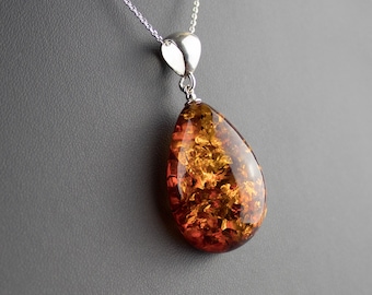 Grande ciondolo a goccia in ambra baltica naturale, regalo per donna, vera ambra color miele, collana con cristalli in argento sterling e pietre preziose