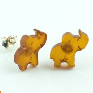 Cute Elephant Baltic Amber Stud Earrings Silver | Small Elephant Jewellery Art Gifts Women | Dainty Gemstone Earrings | Honey Amber Studs