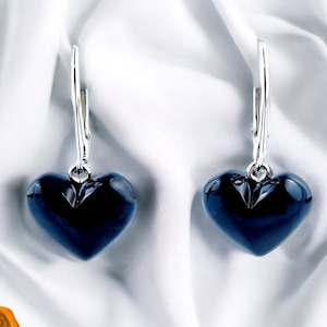 Black Cherry Baltic Amber Love Heart Teardrop Gem Drop Earrings | Silver Drop Earrings Red Natural Earrings | Gemstone Jewelry Gift Women