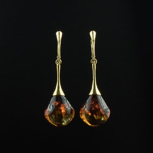 Luxurious Classic Long Amber Gold Teardrop Earrings Gift, Large Chunky Honey Baltic Amber Drop Dangle Elegant Gemstone Silver Earrings Women