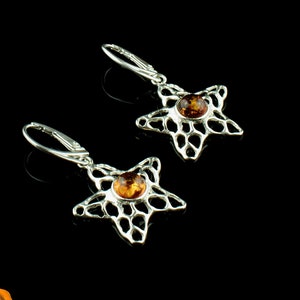 Silver Cognac Amber Starfish Earrings | Baltic Amber Starfish Ornaments Gift | Starfish Charms | Ocean Jewelry Gifts | Large Silver Earrings