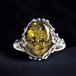 Large Green Baltic Amber Ring, Gemstone Sterling Silver Green Stone Ring for Women Wife Mother, Vintage Chunky Silver Green Amber Jewellery