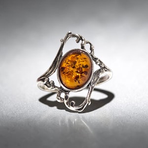 Vintage Honey Baltic Amber Ring Silver, Large Finger Natural Gemstone Green Stone Rings for Women Wife Mother