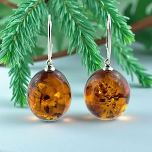 Può includere: Un paio di orecchini in ambra con ganci in argento sterling. Gli orecchini hanno una pietra d'ambra rotonda e lucidata con inclusioni. L'ambra è di un colore miele caldo. Gli orecchini sono esposti su uno sfondo di fogliame verde.