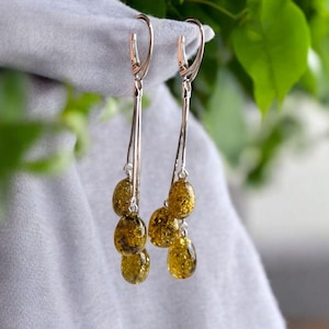 Natural Green Baltic Amber Silver Drop Teardrop Earrings Gemstone Gift Women, Real Amber Long Large Green Stone Earring Jewellery