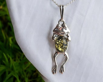 DANCING Crazy Frog Green Baltic Amber Silver Pendant, Toad Frog Lover Jewelry Necklace Charm Gifts, Small Dainty Frog Drop Necklace Gift