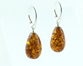 Quality Large Cognac Baltic Amber Sterling Silver Teardrop Gemstone Earrings for Women | 925 Amber Lever Back Drop Dangle Earrings Crystal