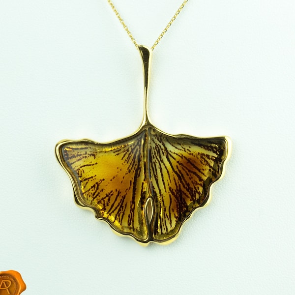 STUNNING Baltic Amber Ginkgo Leaf Gold Pendant Gift Silver Gemstone Amber Leaf Teardrop Pendant Necklace Charm | Large Ginkgo Leaf Jewelry
