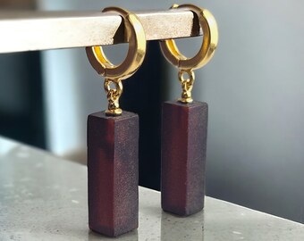 Black Cherry Baltic Amber Gold Earrings, Natural Amber Geometric Rectangle Dangle, 925 Silver
