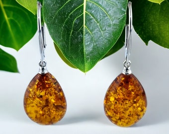 Natural Baltic Amber Earrings Teardrop Sterling Silver, Small Drop Earring Gemstone Gift, Dainty Real Amber Jewelry Women, Gem Tear Drop