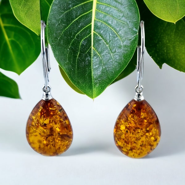 Natural Baltic Amber Earrings Teardrop Sterling Silver, Small Drop Earring Gemstone Gift, Dainty Real Amber Jewelry Women, Gem Tear Drop